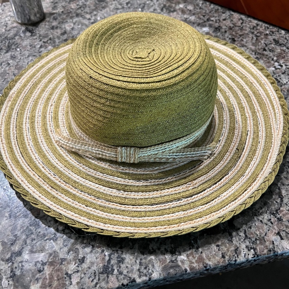 Grace‎ Hats Olive Green Striped Woven Paper Cotton Linen Wide Brim Sun Hat Bow
